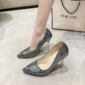 33-43 large size women's single shoes  new Korean pointed shallow mouth fine heel sequins single shoes