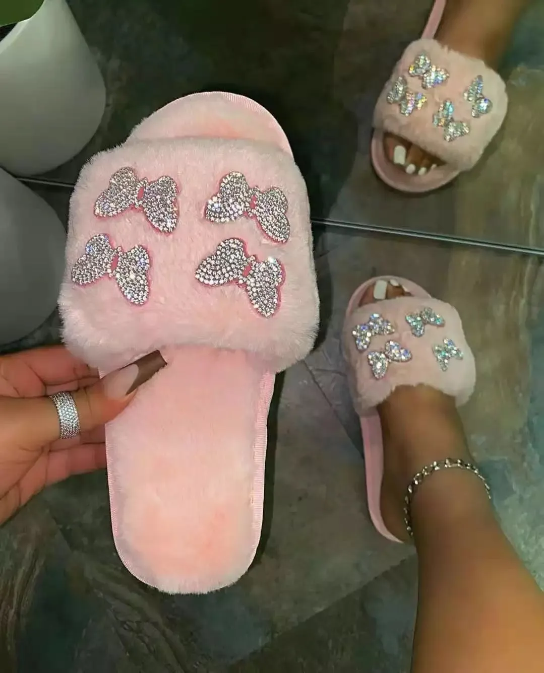 Butterfly rhinestone detail fuzzy fluffy slides slippers