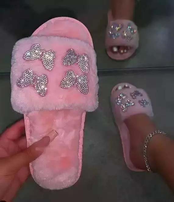 Butterfly rhinestone detail fuzzy fluffy slides slippers