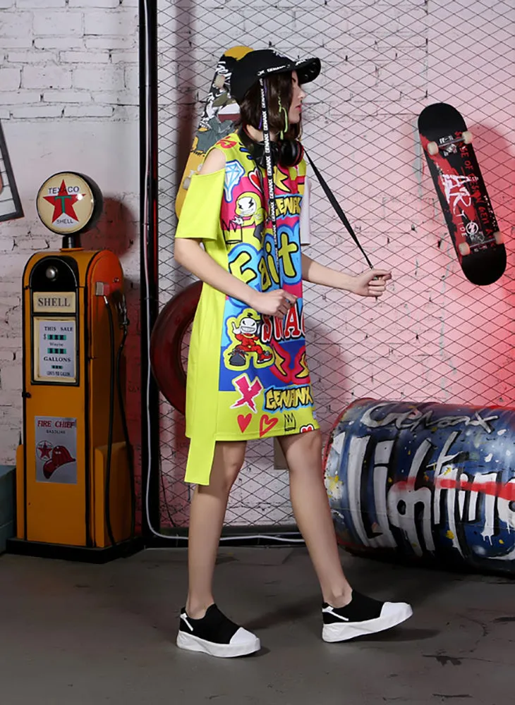 Hip Hop Cartoon Letter Print Straight Midi Dresses