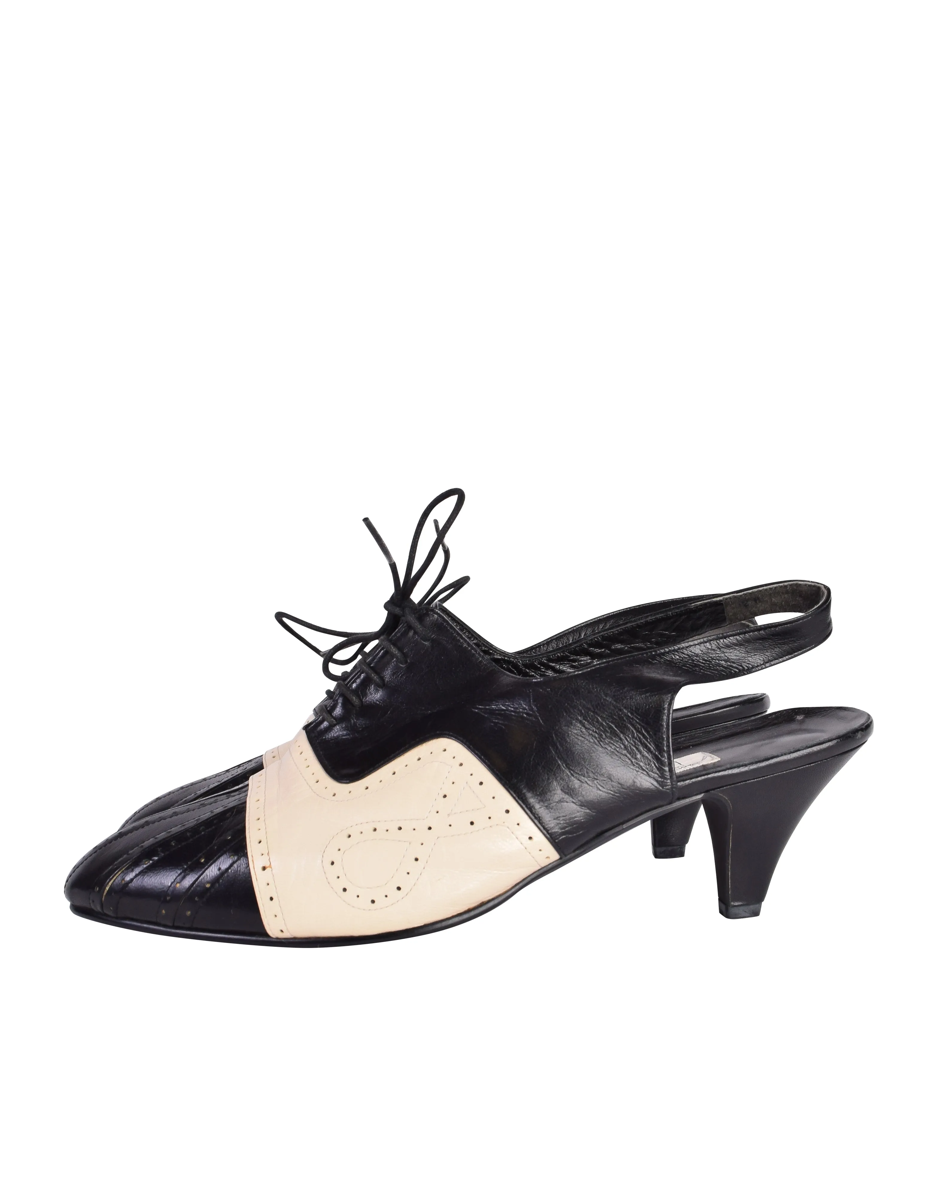 Mitsuhiro Matsuda Vintage Black and Cream Two Tone Leather Brogue Slingback Heels