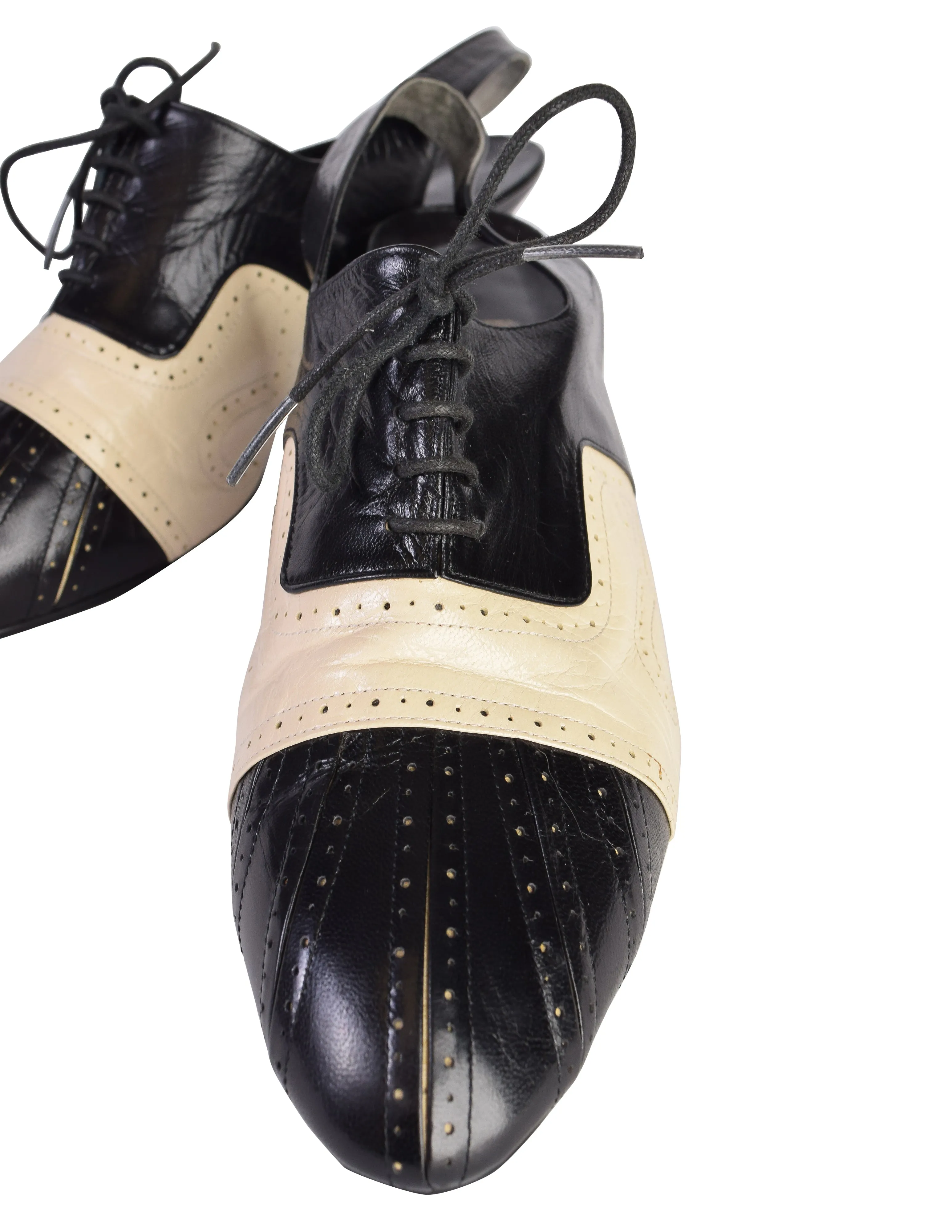 Mitsuhiro Matsuda Vintage Black and Cream Two Tone Leather Brogue Slingback Heels