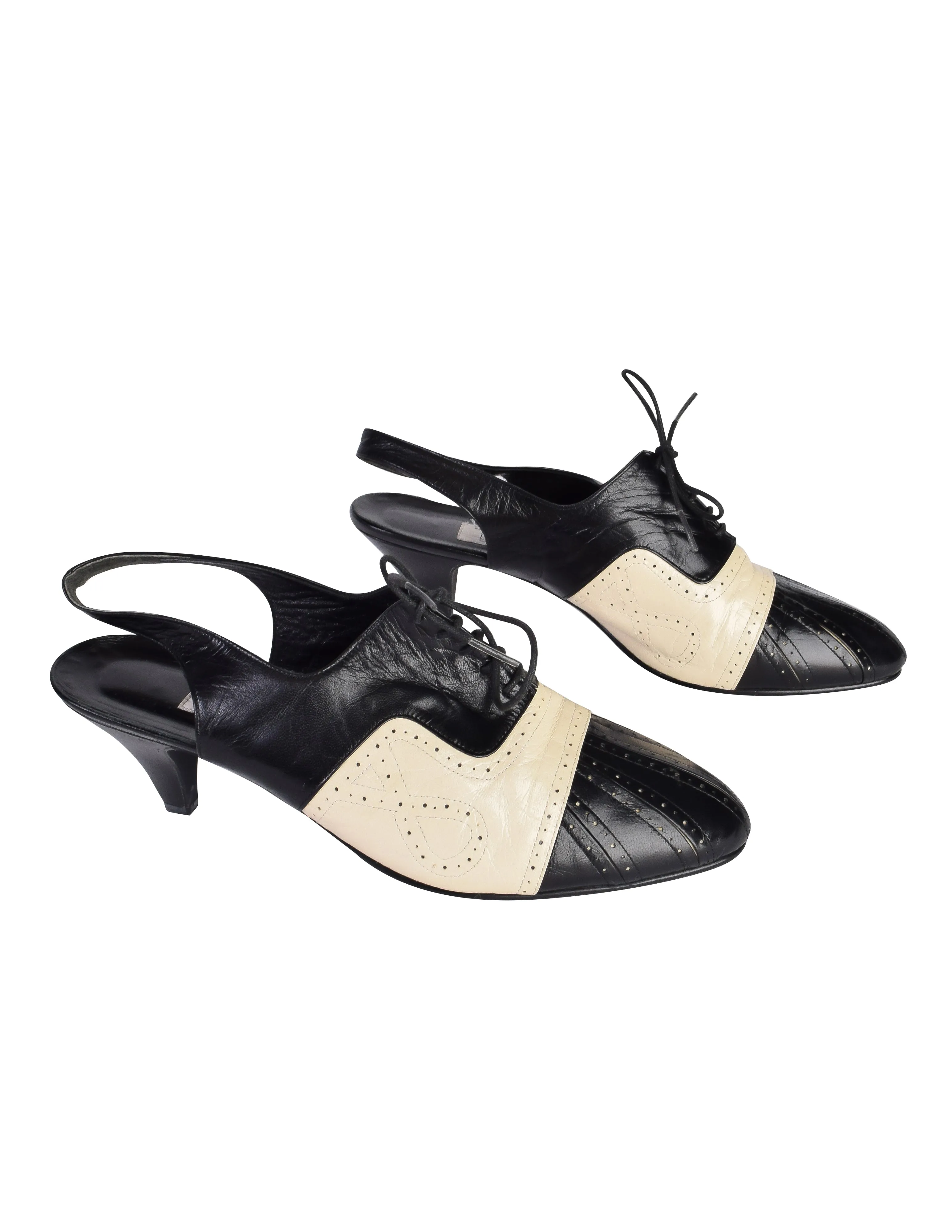 Mitsuhiro Matsuda Vintage Black and Cream Two Tone Leather Brogue Slingback Heels