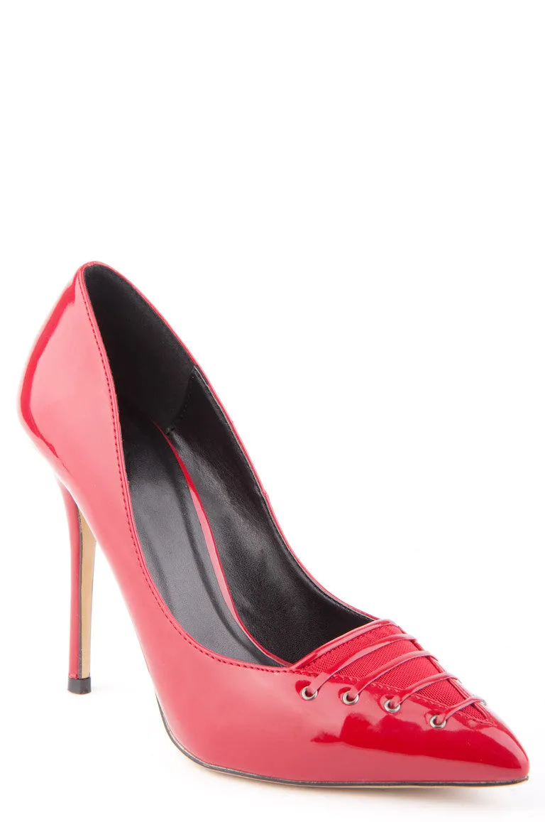 Patent Pointy Stiletto with Lace Look and Mesh Detail