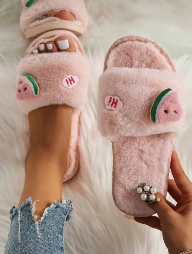 Pink Watermelon Fluffy Slippers