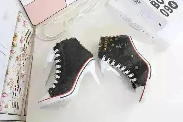 Round Toe Women's Shoes Denim High Heels