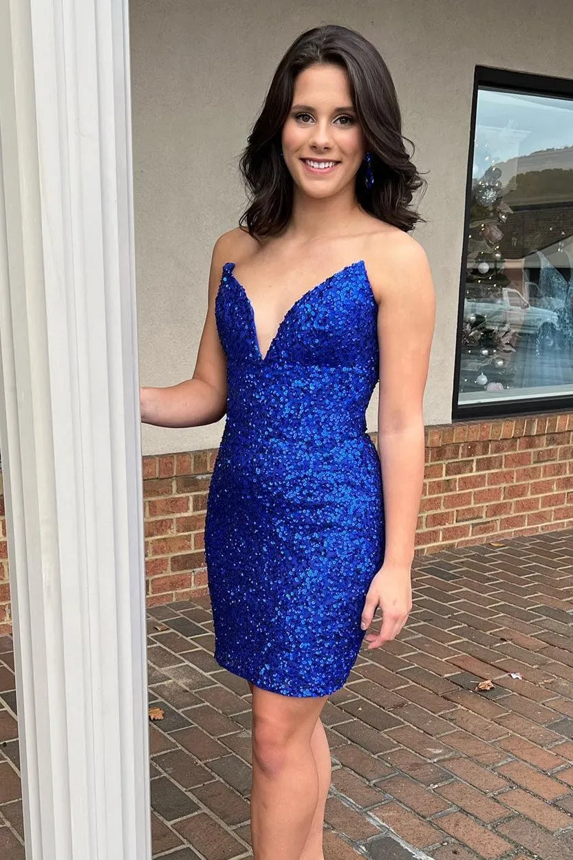 Royal Blue Sequin Bodycon Mini Dress,Wedding Party Dresses