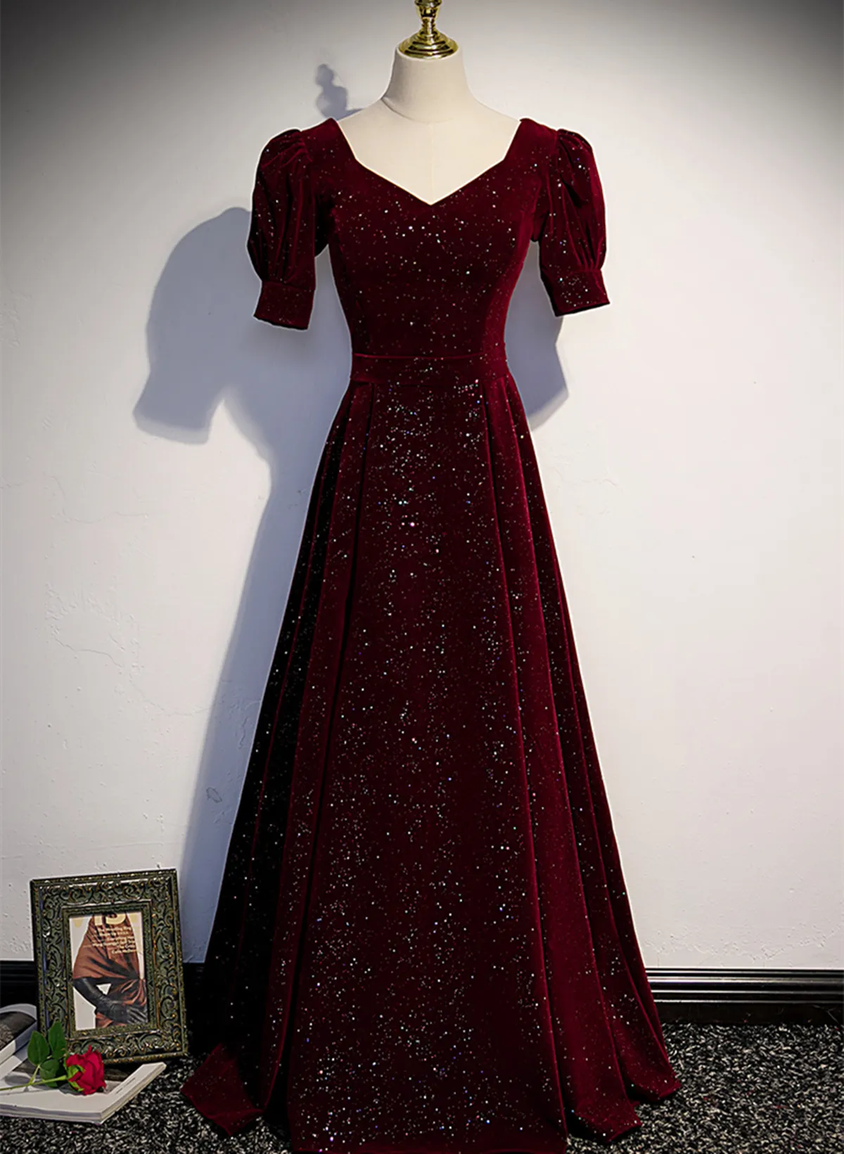 Simple A-line Wine Red Velvet Party Dress, Wine Red Prom Dress Evening Dress